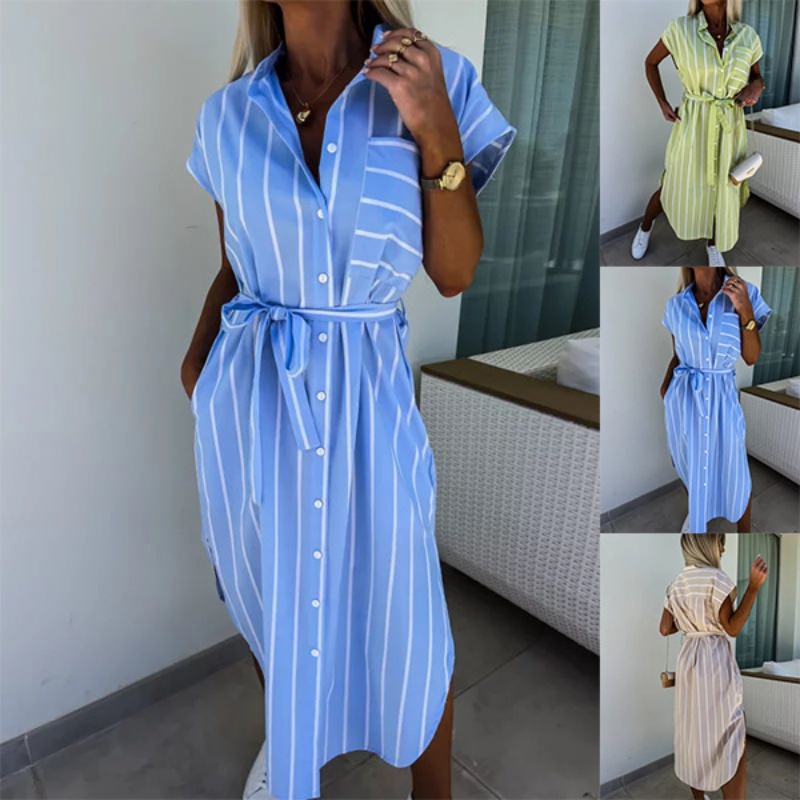 Summer Clothing Looks - Полосатое платье-рубашка с коротким рукавом для